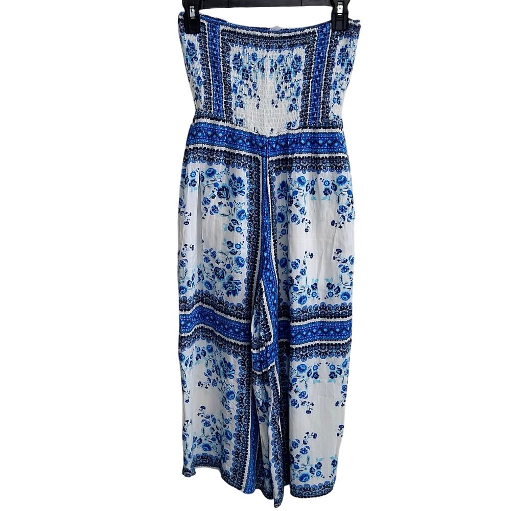 Tailor & Sage romper sleeveless small dainty floral blue ruched waist boho chic